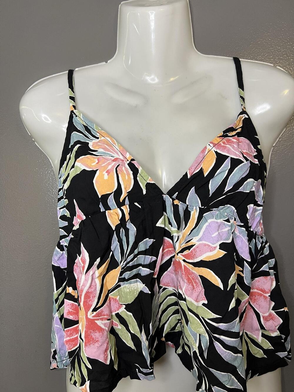 Billabong Tank Top Womens Medium Black Tropical Floral V Neck Strappy Cami